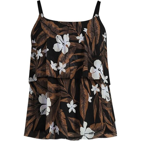 Land's End Mesh plus standard tiered chlorine resist black floral palm tankini V - Picture 2 of 7